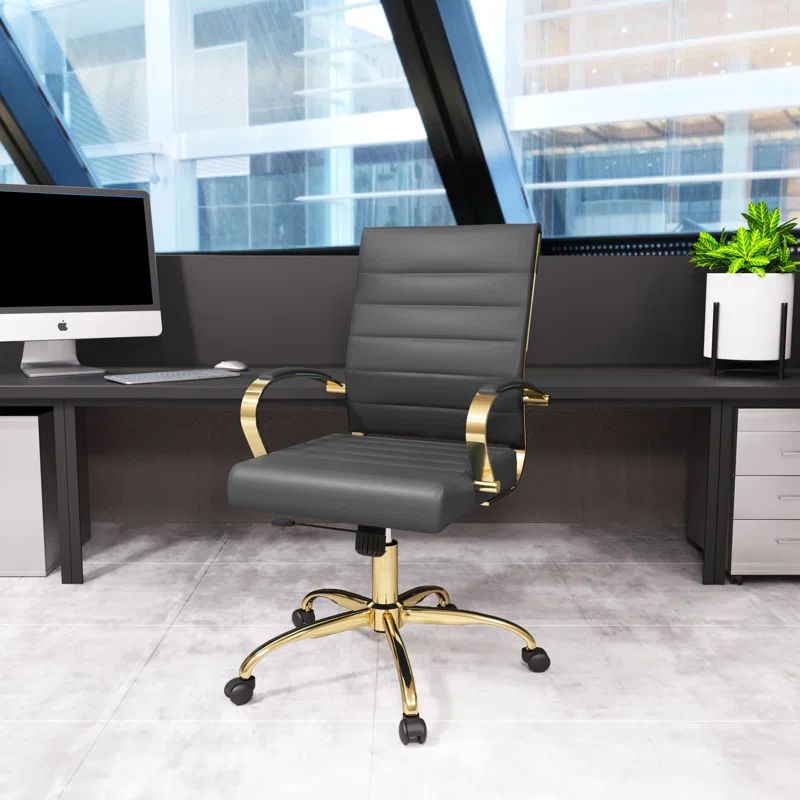 ErgoSwivel Mid-Century Gray Leather Office Chair with Gold Metal Frame