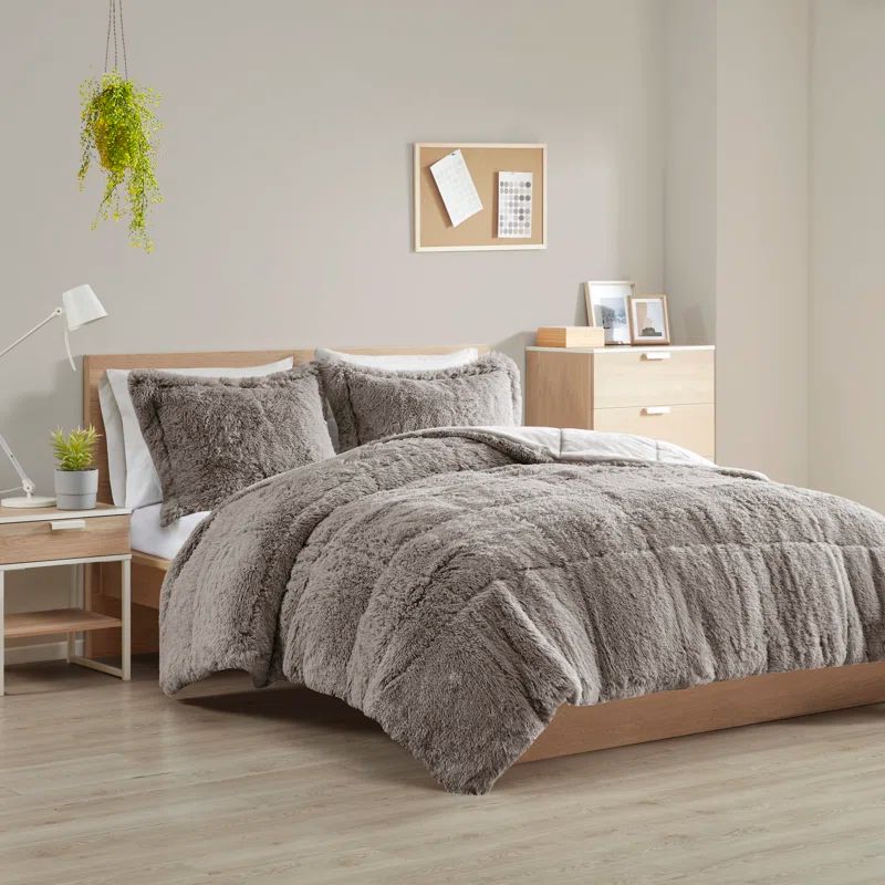 Gray Twin Faux Fur Down Alternative Bedspread Set