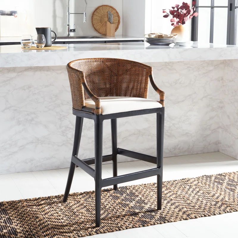 White Cushion Brown Rattan Back Bar Stool with Black Mahogany Legs