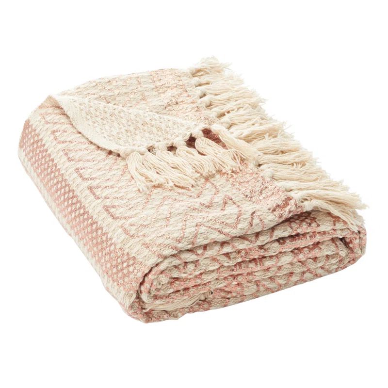 Beige and Copper Cotton Reversible Fringe Throw Blanket