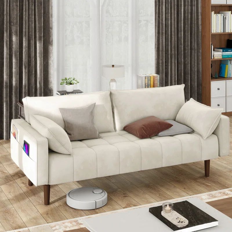 Beige Velvet 70" Loveseat Sofa with Solid Wood Legs
