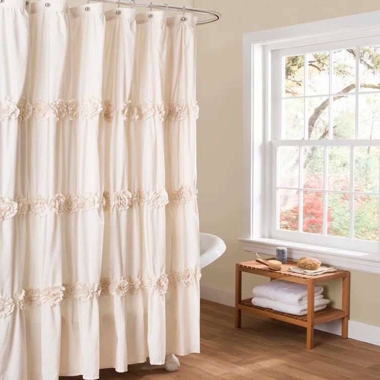 Ivory Polyester Floral Textured Shower Curtain, 72" x 72"