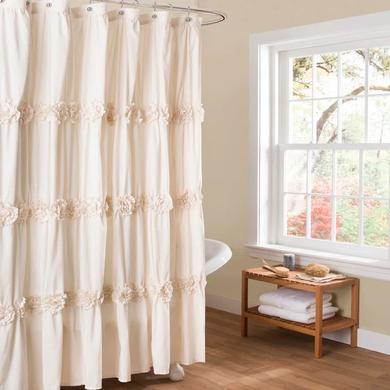 Ivory Polyester Floral Textured Shower Curtain, 72" x 72"