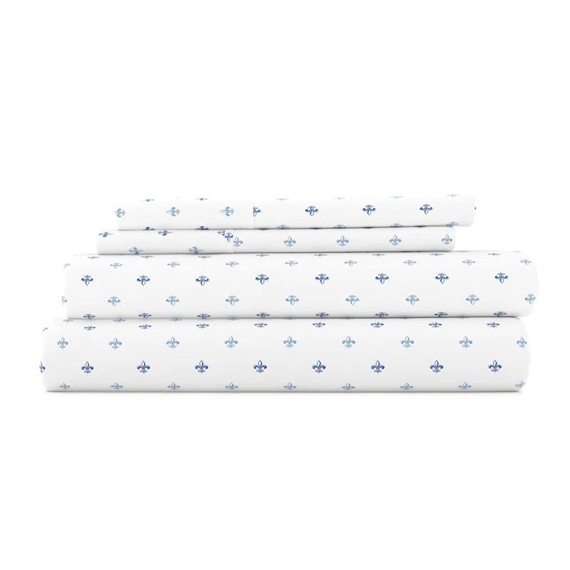 Gray and Blue Fleur De Lis Queen Sheet Set