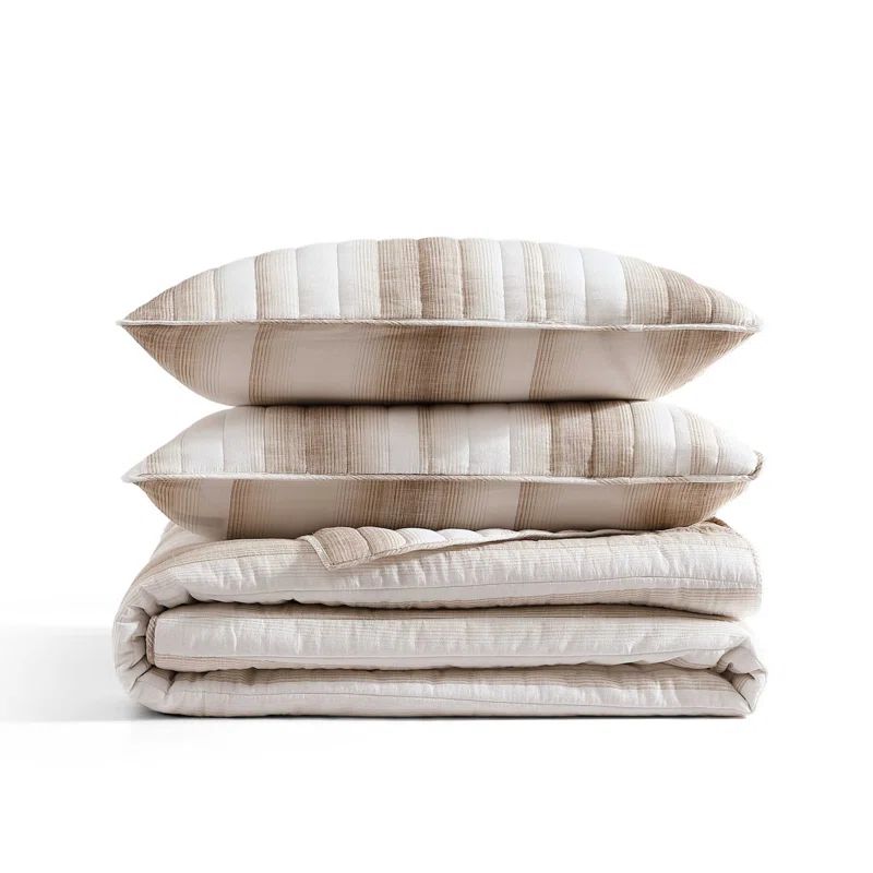 Beige and White Cotton King Reversible Quilt Set