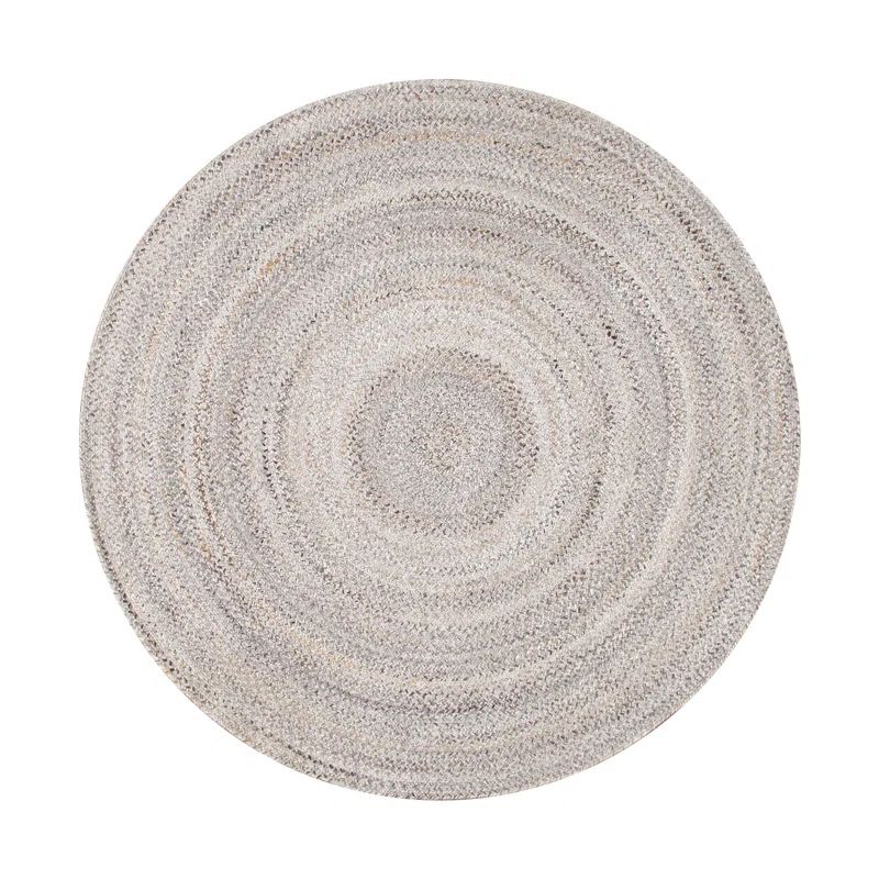 Handmade Round Gray Geometric Synthetic Braided Rug, 5' x 5'