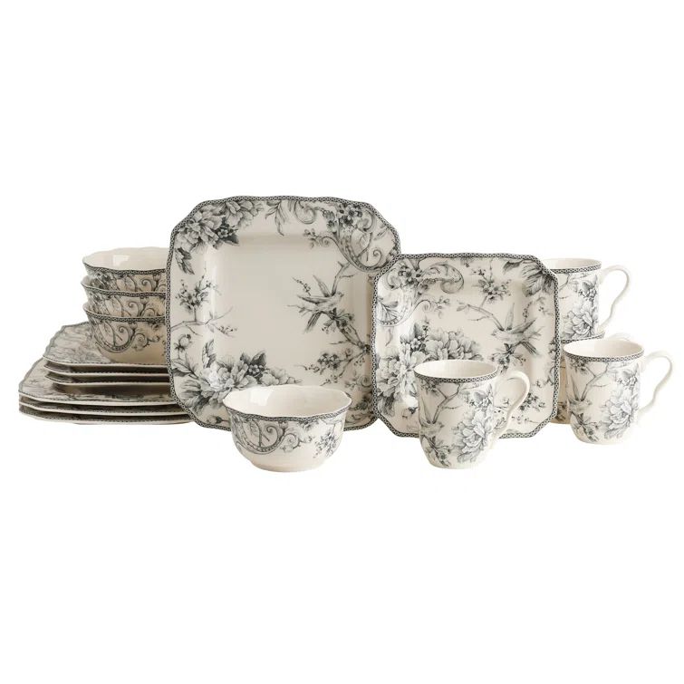 Gray and White Floral Square Porcelain Dinnerware Set, Service for 4