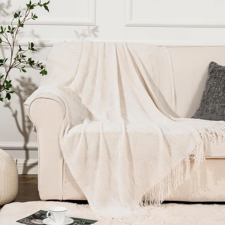 Cream Knitted Acrylic Throw Blanket with Tassels, 50"x60"