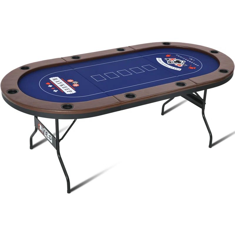 84'' Blue Felt Foldable Poker Table with Padded Rails and Cup Holders