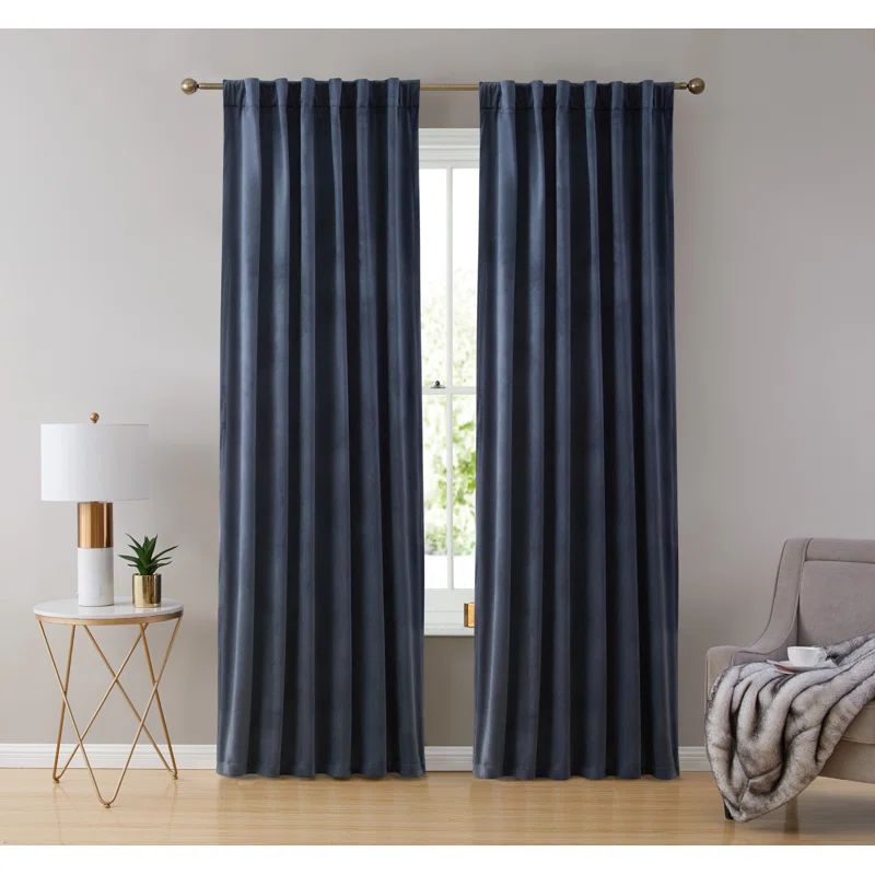 Navy Blue Velvet Pleated Rod Pocket Curtain Panels, 84" Length