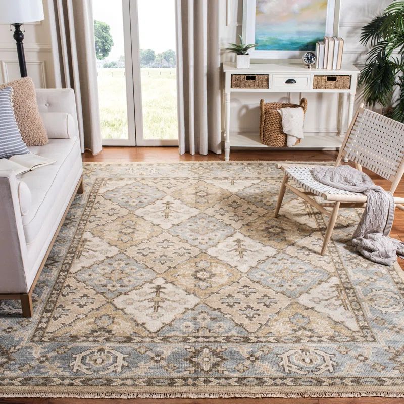 Hand-Knotted Beige and Blue Wool Rectangular Rug, 6' x 9'