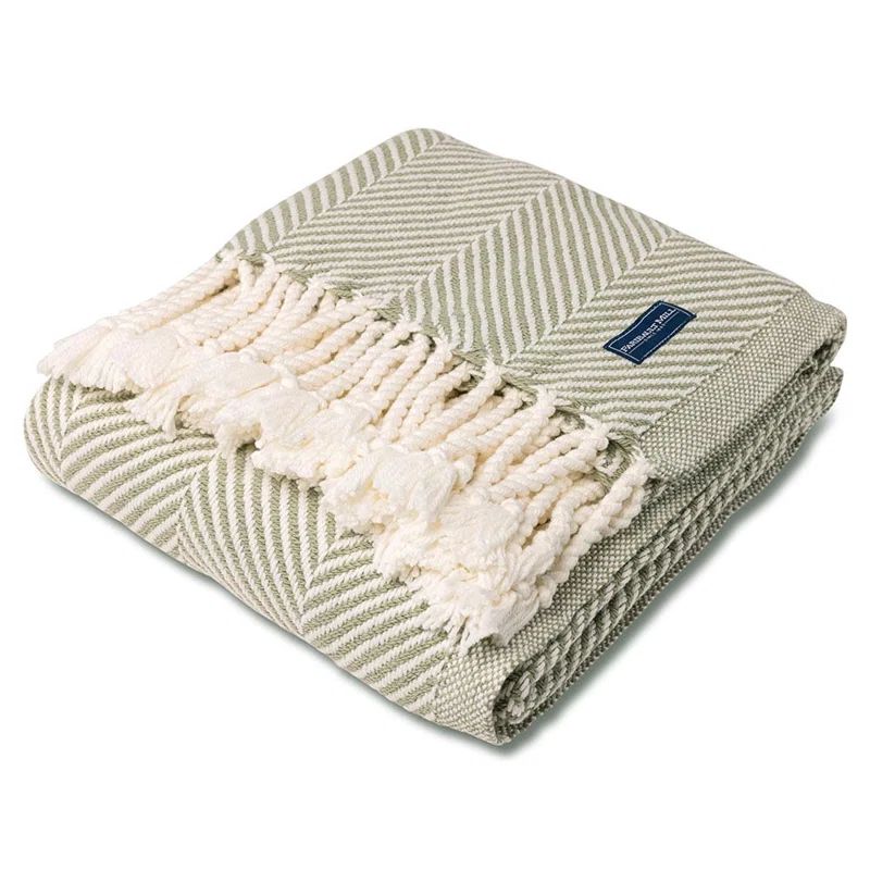 Green Chevron Cotton Hand Woven Throw with Twisted Fringe