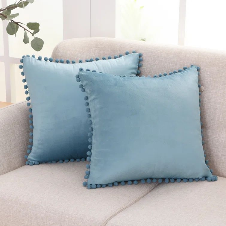 Blue Velvet Euro Pillow Covers with Pom-Poms, Set of 2
