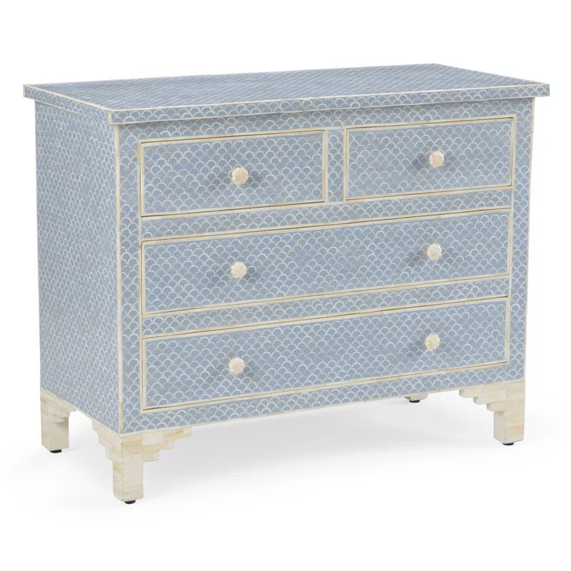 Coastal Elegance Blue and White Bone Inlay 4-Drawer Chest
