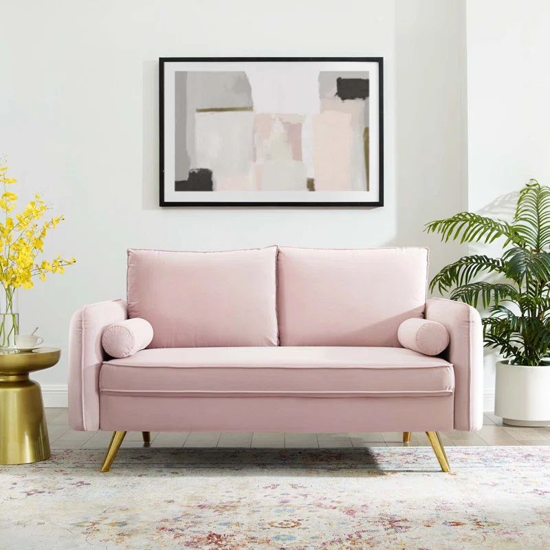 Pink Velvet Loveseat with Gold Legs and Bolster Pillows