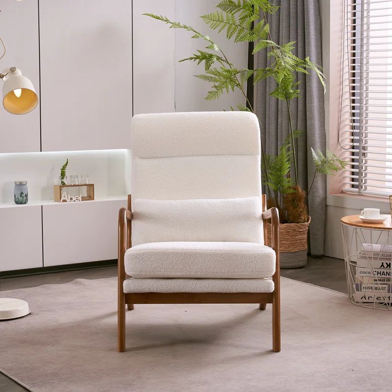White Faux Sherpa and Wood Mid-Century Modern Accent Chair