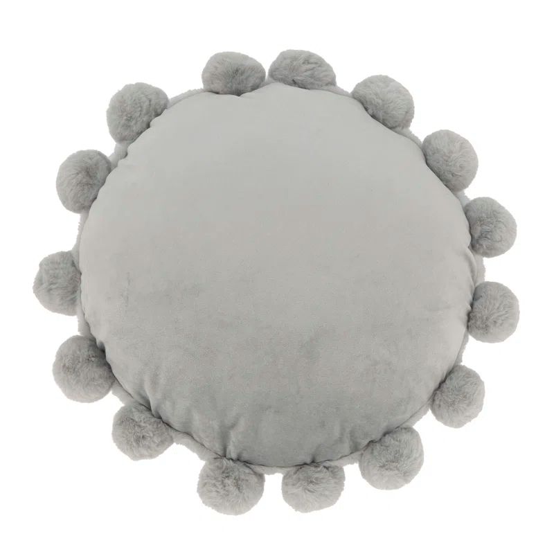 Gray Faux Fur Round Pom Pom Throw Pillow