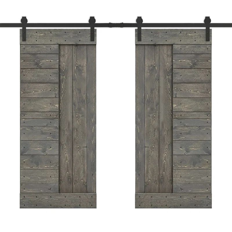 Weather Gray Solid Pine Wood Double Sliding Barn Door with Hardware Kit