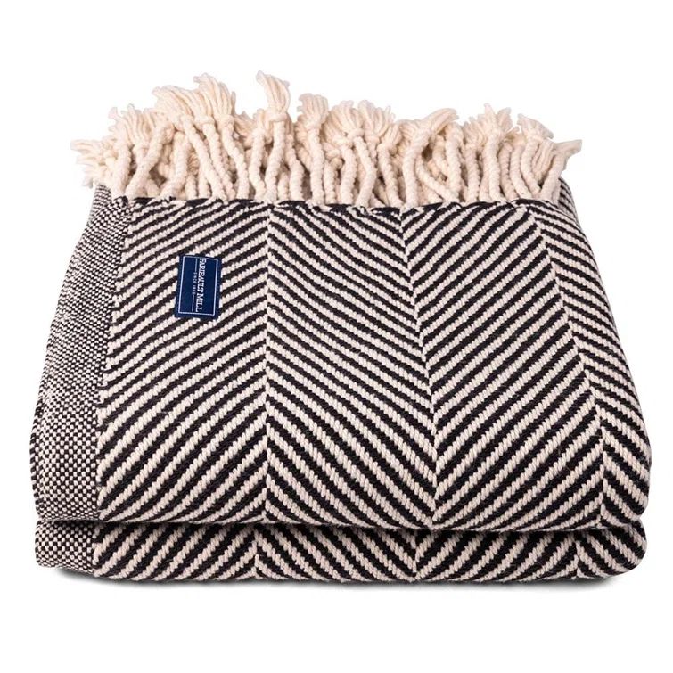 Hand-Woven Black Chevron Cotton Throw with Twisted Fringe