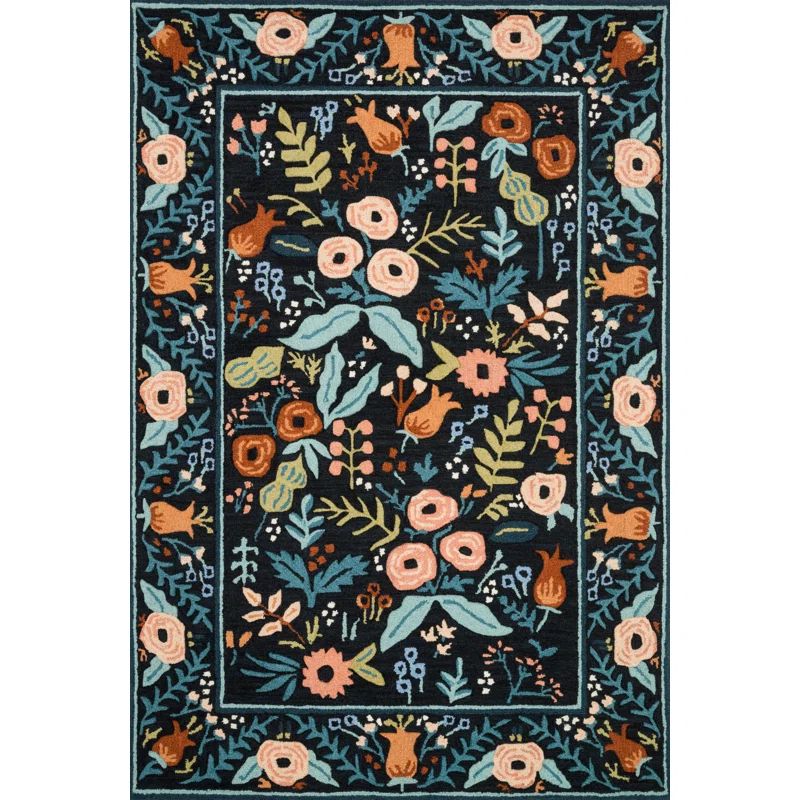 Handmade Les Fleurs Tufted Wool Area Rug 5' x 7' - Black Floral