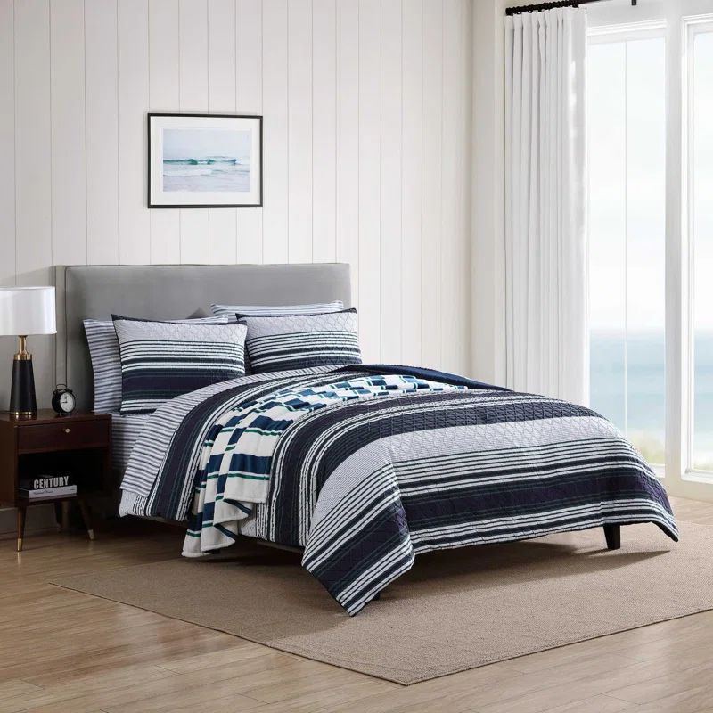 Navy and Green Striped Microfiber Queen Comforter Set