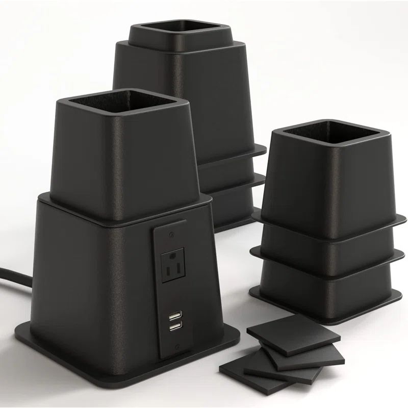 Adjustable Black Plastic Bed Risers with Power Outlet and USB Ports