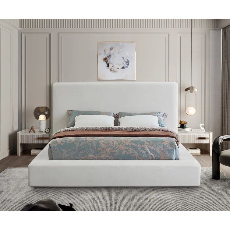 Cream Linen Upholstered Queen Platform Bed with Headboard