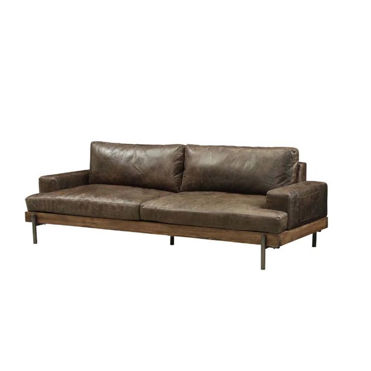 Elegant Oak and Distressed Chocolate Leather Sofa with Track Arms