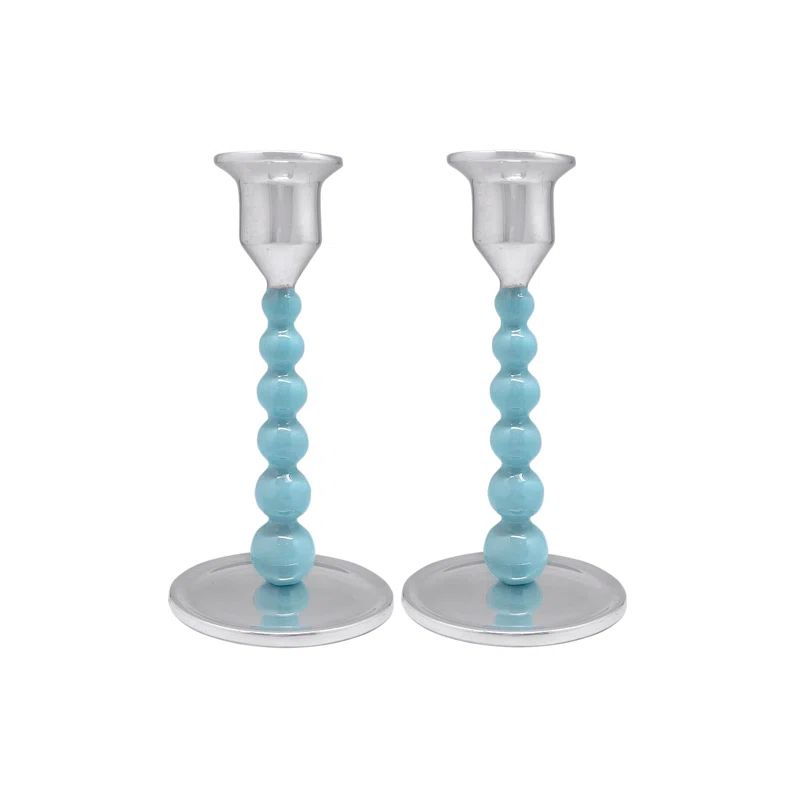 Aqua Aluminum Beaded Tabletop Candlestick Set