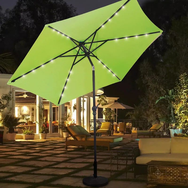 7.5' Lime Green Polyester Market Patio Umbrella with Solar LED Lights