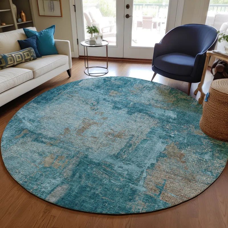 Teal Abstract Round Synthetic Washable Rug, 8'