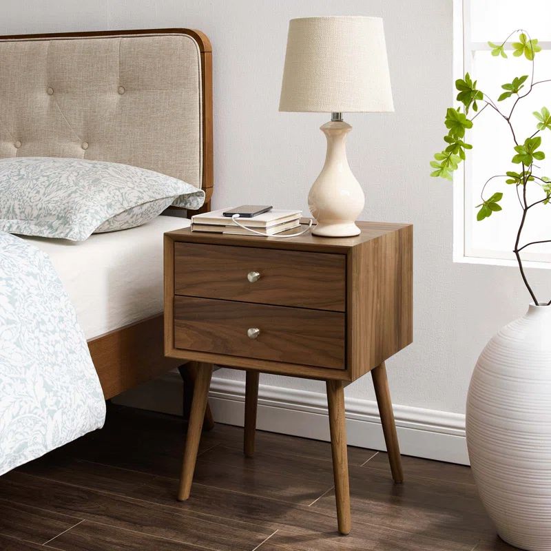 Walnut Wood Mid-century Modern Nightstand with USB Ports