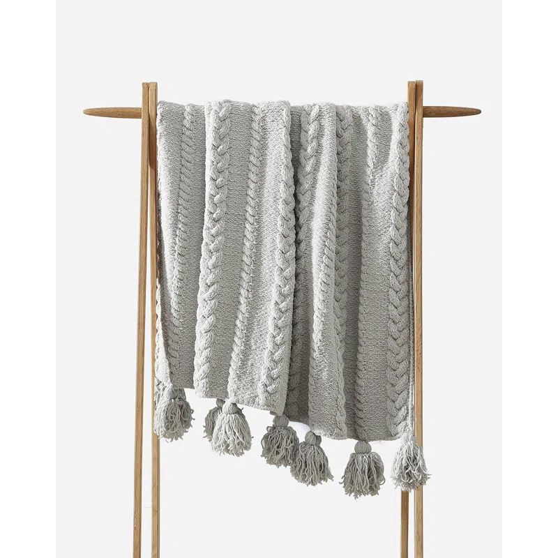 Cloud Gray Braided Pom Pom Throw Blanket