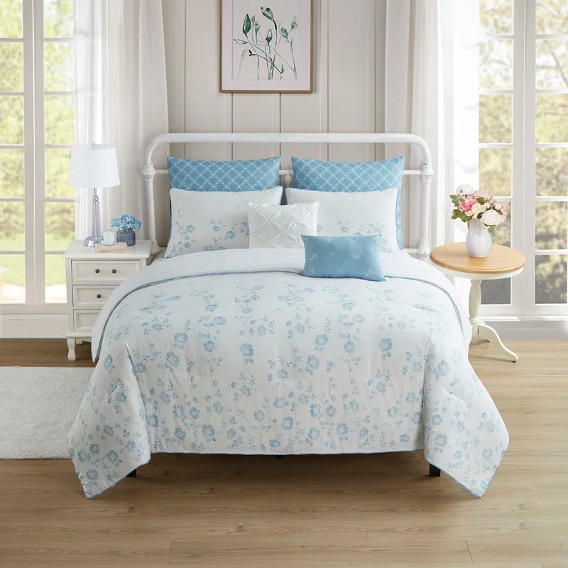 Adeline King Size Blue Floral Comforter Set