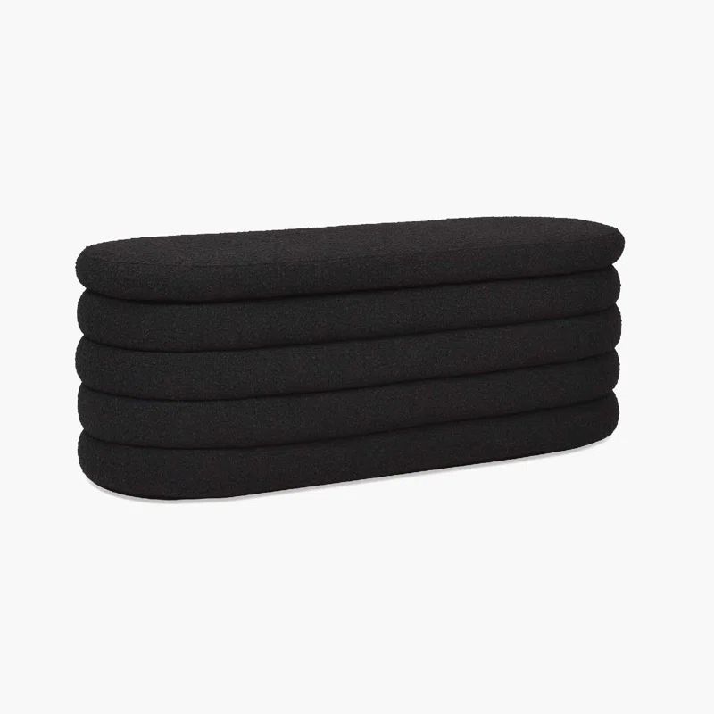 Ebony Black Boucle Upholstered Oval Storage Bench with Hinged Lid