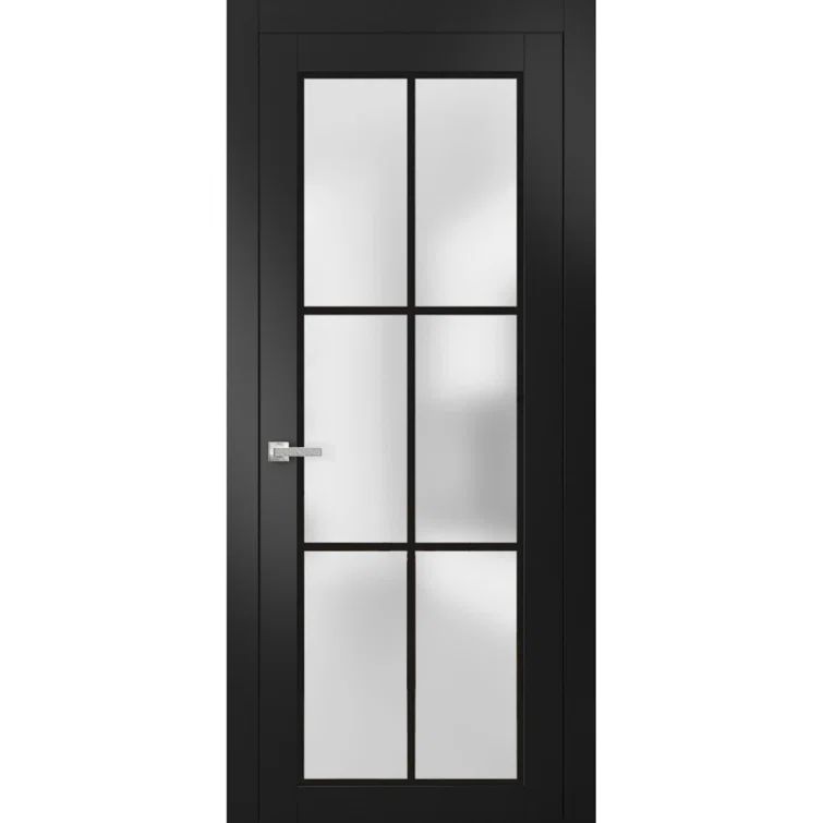 Matte Black Solid Pine French Door with Frosted Glass, 80 x 32 Inch
