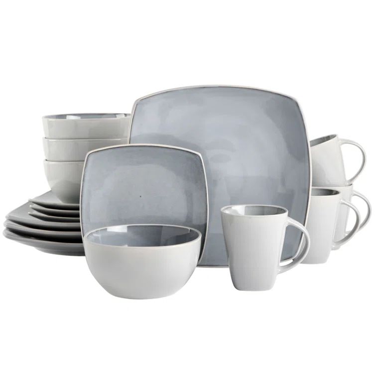 Gray and White Square Ceramic Dinnerware Set, Service for 4