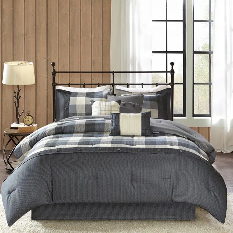 Gray Queen Microfiber Buffalo Plaid 7-Piece Comforter Set