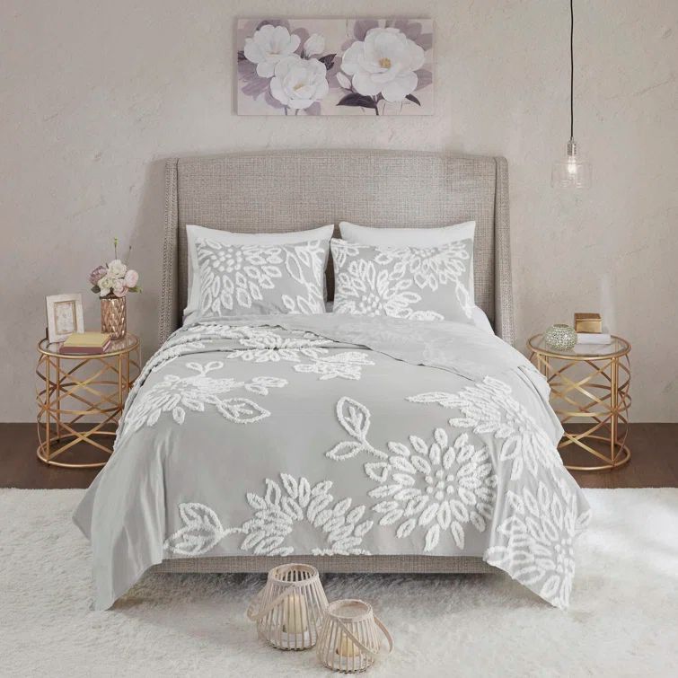 Danica Warm Grey & White Floral Cotton Chenille Duvet Cover Set, Full/Queen