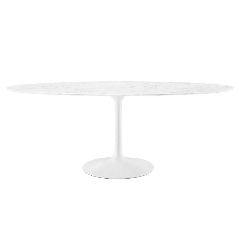 Mid-Century Modern 78" Oval Marble-Top Dining Table with White Base
