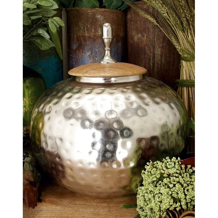 Silver Hammered Metal Decorative Jar with Wood Lid