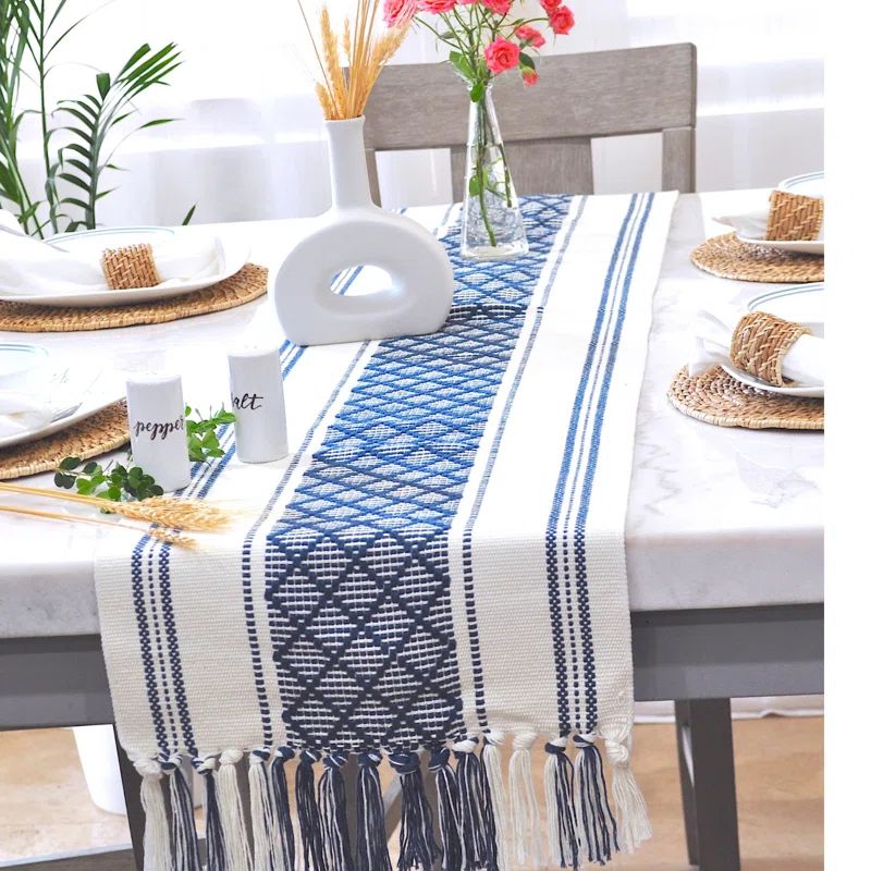 Boho Cotton Woven Table Runner with Tassels in Blue and Cream