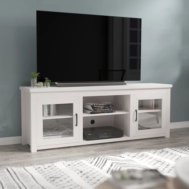 Modern White Wash 65" Engineered Wood TV Stand with Glass Doors
