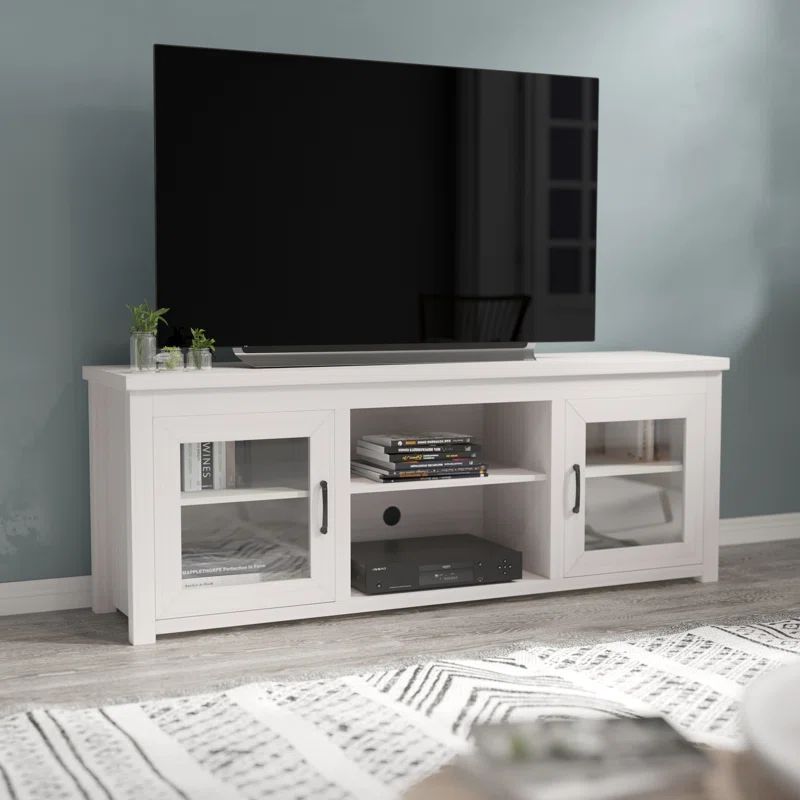 Modern White Wash 65" Engineered Wood TV Stand with Glass Doors