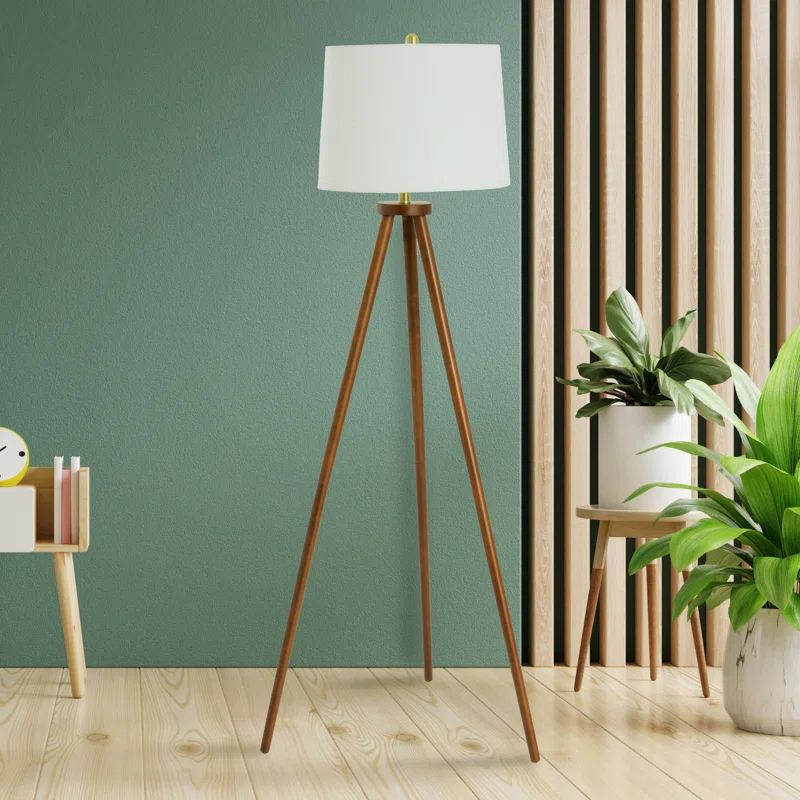 63.5'' Mid-Century Modern White Wood Tripod Floor Lamp
