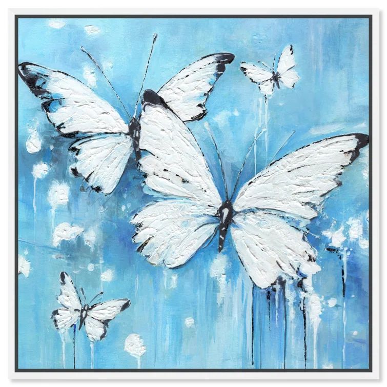 17" Blue Butterflies Print on Canvas with White Frame