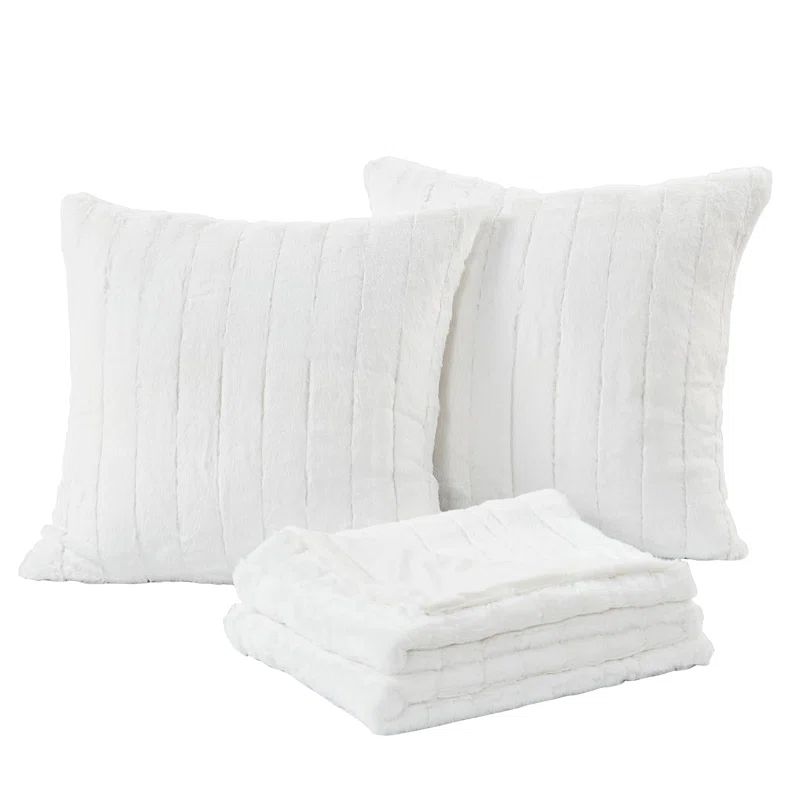 Bright White Faux Fur Reversible Throw Blanket and Pillow Set