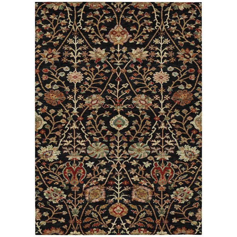 Black Floral Synthetic Rectangular Washable Area Rug