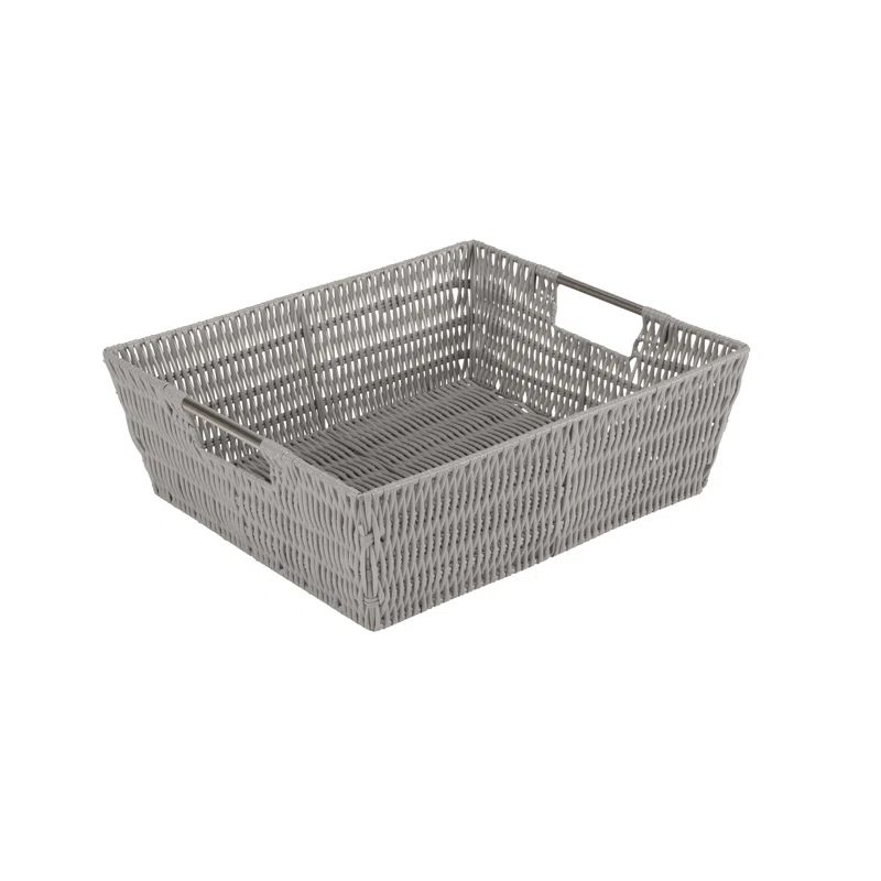 Light Gray Rectangular Rattan Storage Basket with Metal Handles
