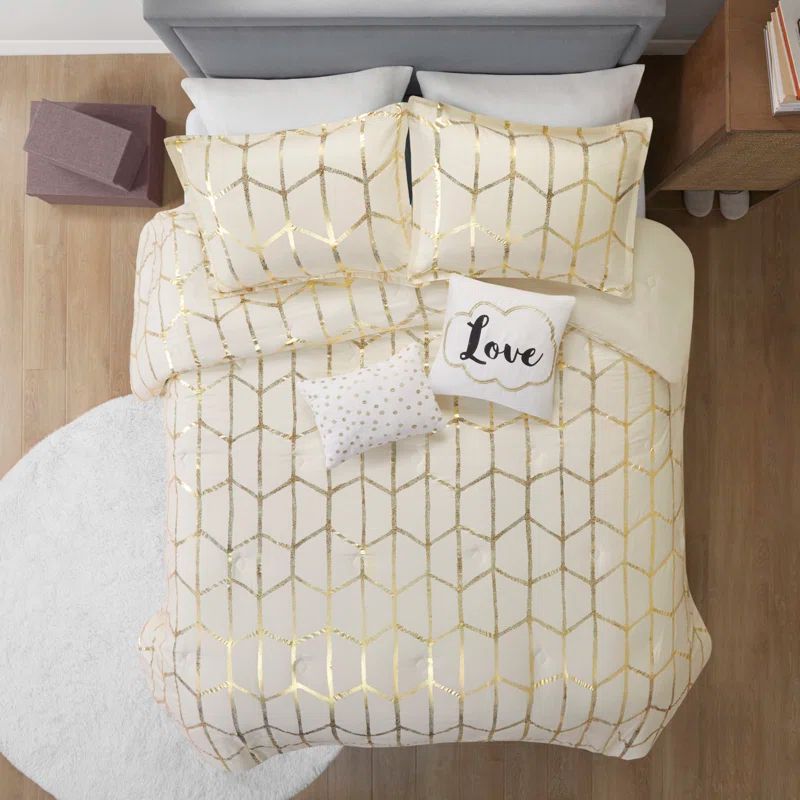Ivory and Gold Geometric Microfiber Full Comforter Set